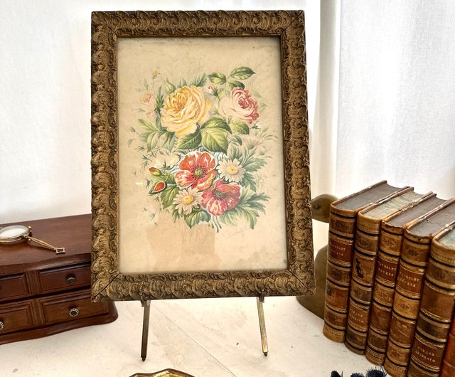アンティークのフランスの静物油絵、花と果物の花瓶の習作