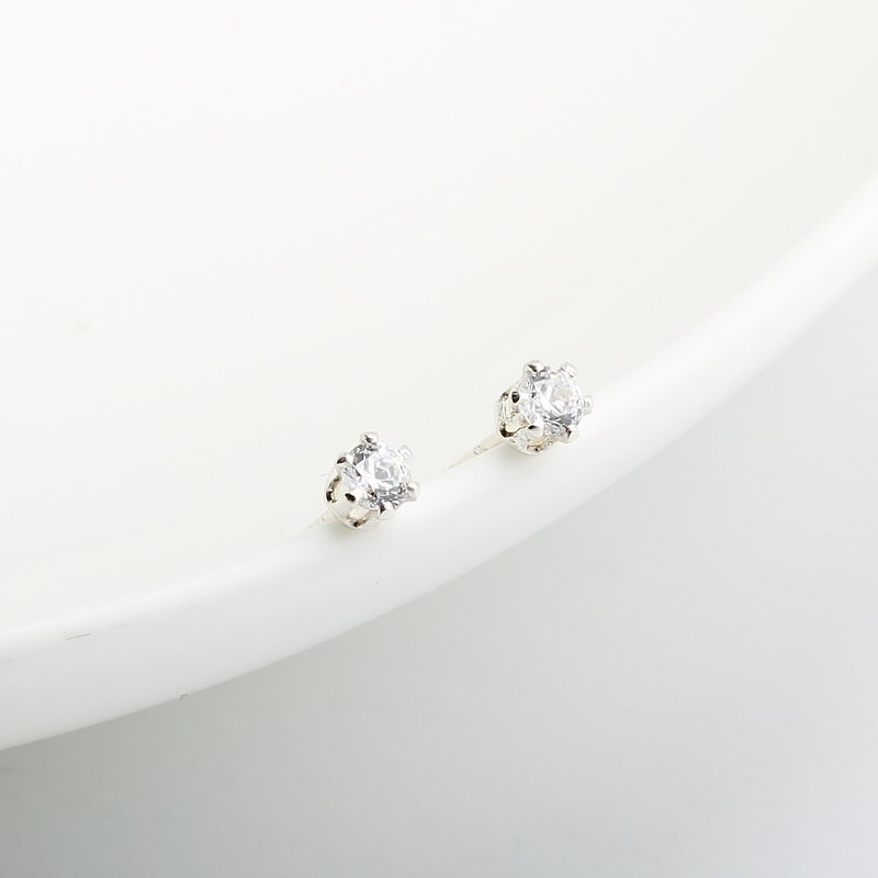 迷你 六爪 皇冠 3mm 瑞士單鑽 鑽石 s925 純銀 耳環 耳夾 禮物 - 耳環/耳夾 - 鑽石 透明