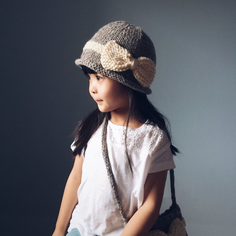 蝴蝶結優雅仕女帽 兒童尺寸 手工編織毛帽 - 帽子 - 羊毛 卡其色
