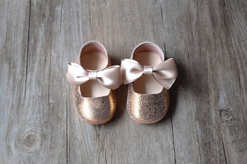 Rose Gold Leather Baby Shoes, Toddler Girl Shoes, Flower Girl Shoes - Kids' Shoes - Genuine Leather Gold