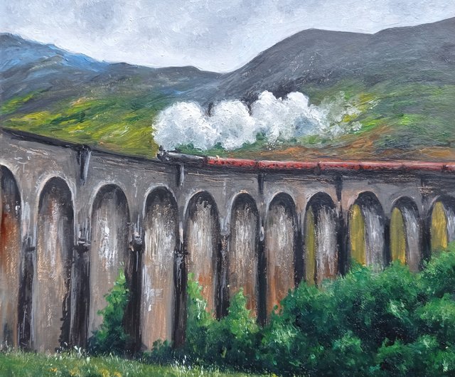 火車橋原畫裝陶畫電車の絵、スコットランドの風景、オリジナルアート