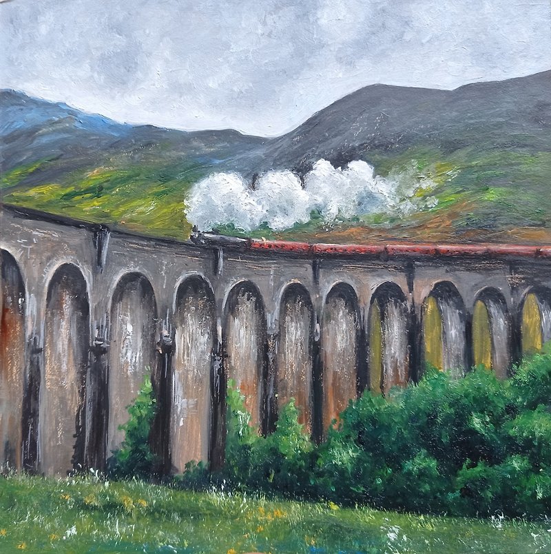 火車  橋 原畫 裝飾畫 Train Painting, Scottish Landscape, Original Art, Handging Painting - โปสเตอร์ - วัสดุอื่นๆ สีเขียว