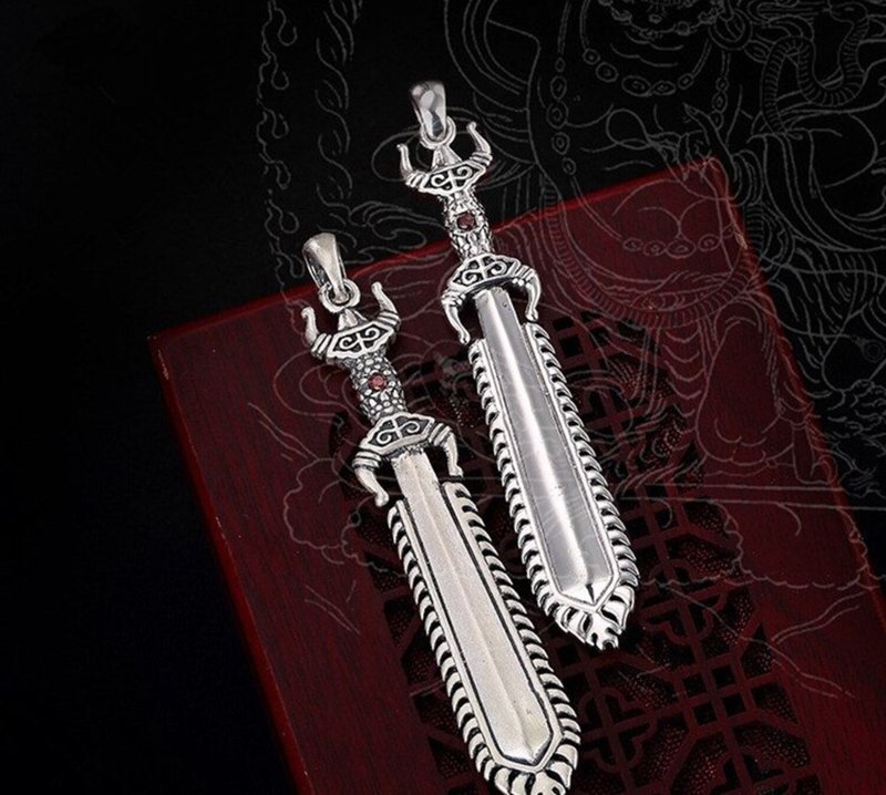 Real 999 Fine Silver Men Cool Sword Pendant without Necklace Buddhism Implement - 長項鍊 - 純銀 銀色