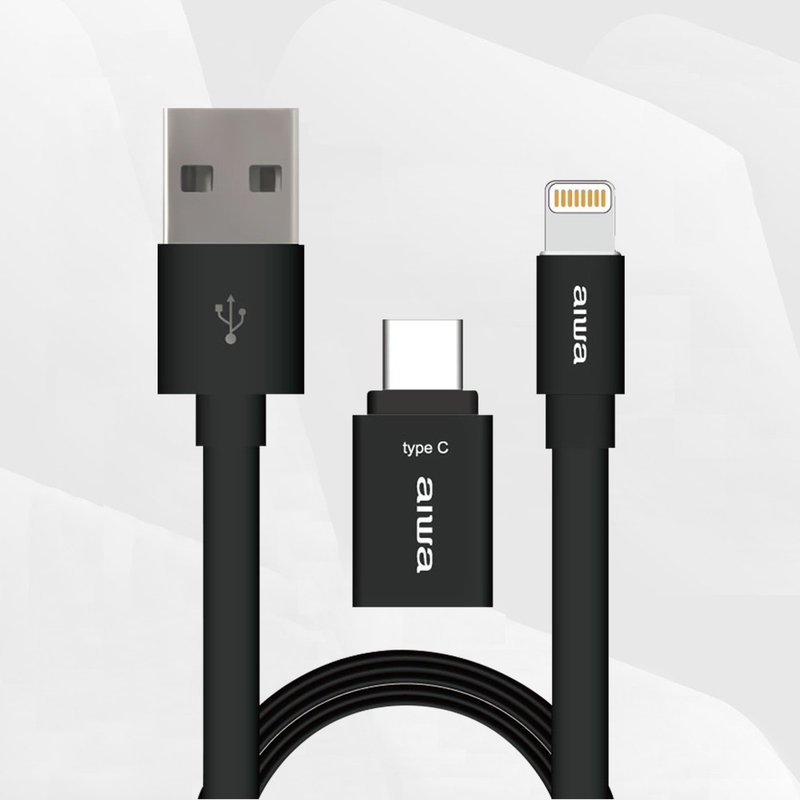 【AIWA】 愛華 Lightning 充電傳輸線 1.2 米附轉接頭 SPD-12TB - 其他 - 其他材質 黑色
