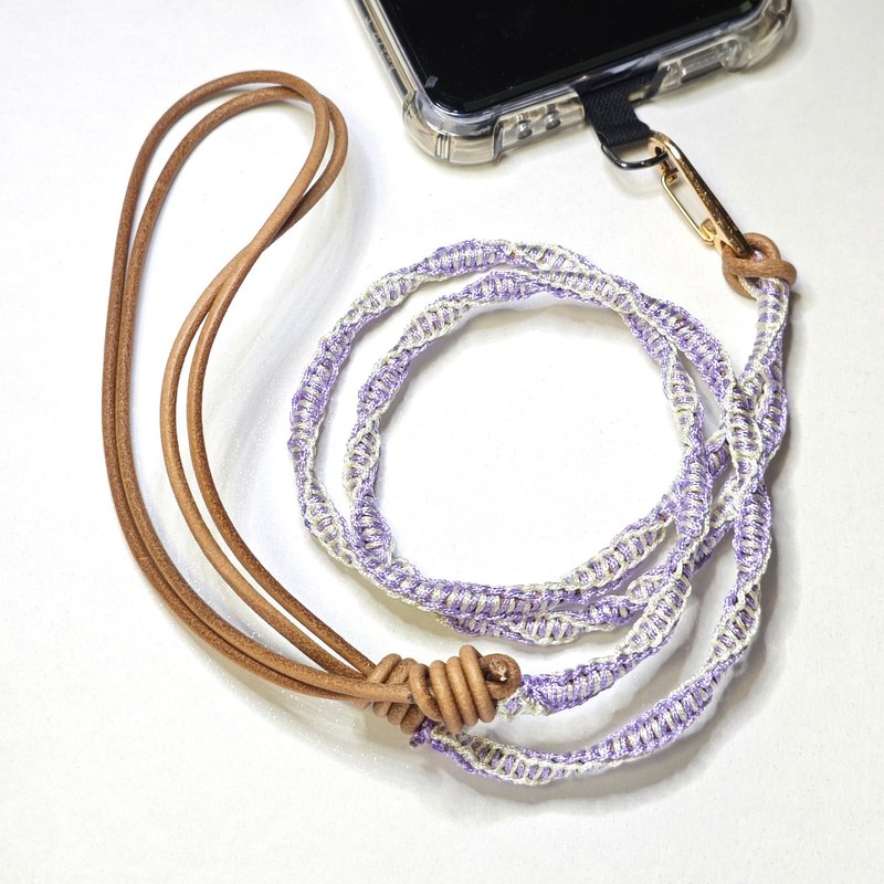 Custom_light purple with beige mobile rope, adjustable neck/rope dual-use-7 - เชือก/สายคล้อง - หนังแท้ สีเขียว