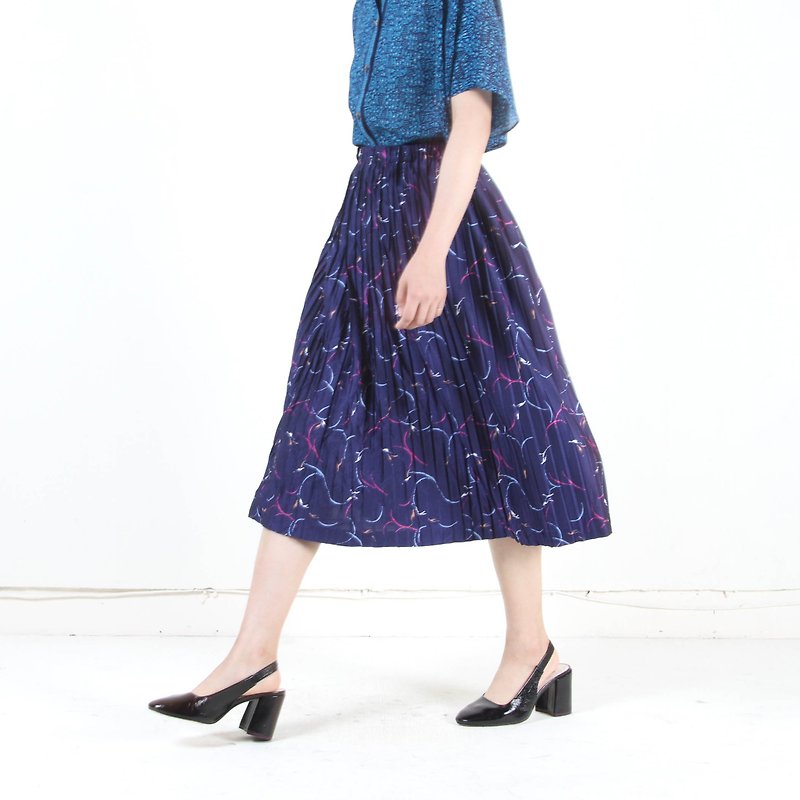 [Egg Plant Vintage] Flight Path Print Pleated Vintage Dress - Skirts - Polyester Blue