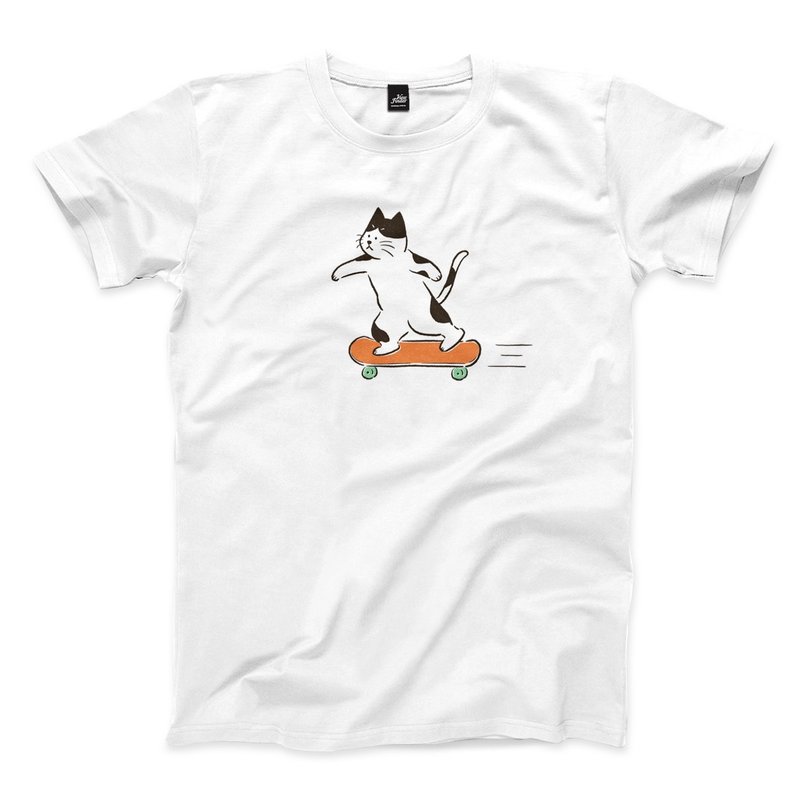 Skateboarding Cat Kuku - Unisex T-Shirt - 4 Colors - เสื้อยืดผู้ชาย - ผ้าฝ้าย/ผ้าลินิน ขาว