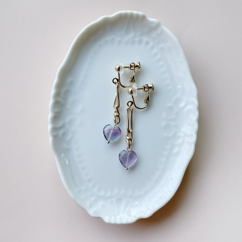 Fluorite petit heart ピアス/イヤリング clear purple - 耳環/耳夾 - 半寶石 紫色