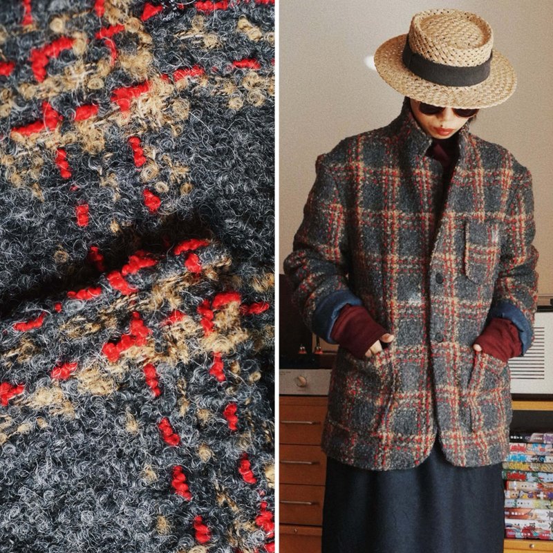 紅黃灰雜色圈圈立體編織羊毛 冬季中性經典西裝毛外套 - 女大衣/外套 - 羊毛 灰色