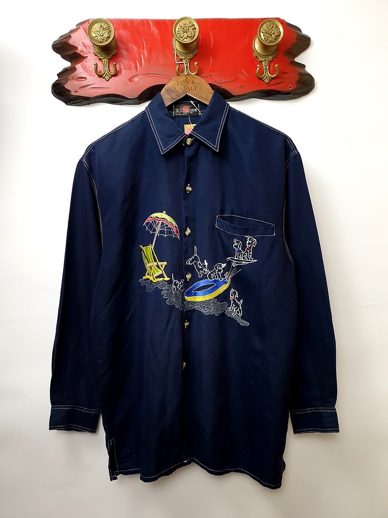 Little Turtle Gege - Dalmatian Embroidery Summer Seaside Resort Daning Vintage Shirt - Men's Shirts - Cotton & Hemp 