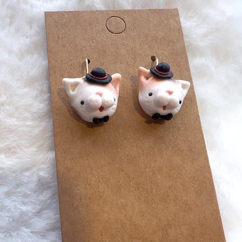 Rabbit bag top hat cat handmade soft clay French earrings earrings - Earrings & Clip-ons - Clay Multicolor