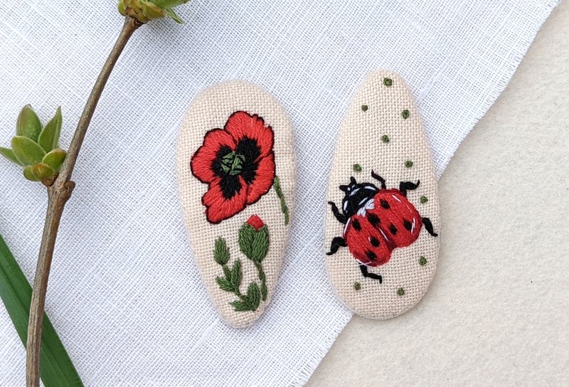 瓢蟲嬰兒夾罌粟髮夾紅花髮夾刺繡髮夾 - 嬰兒飾品 - 其他材質 紅色