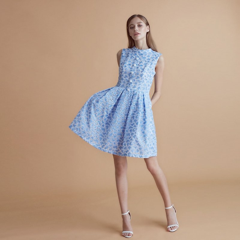幾何刺繡小立領無袖洋裝 - 連身裙 - 聚酯纖維 藍色