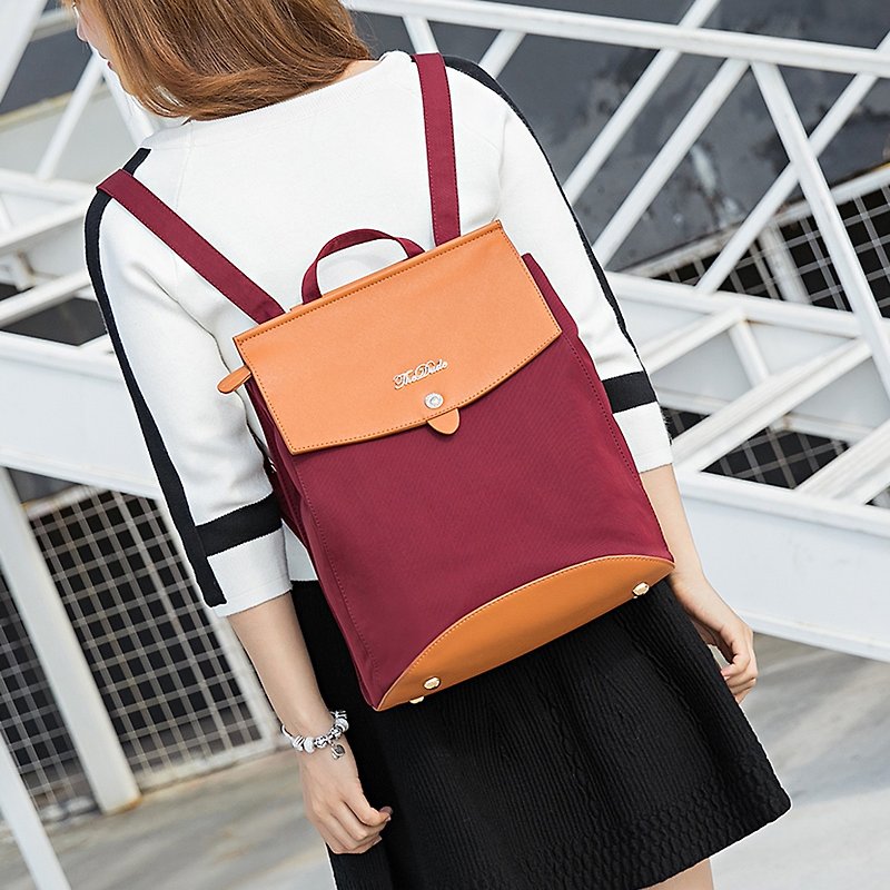 The Dude to Hong Kong brand backpack dual shoulder bag cross pattern leather waterproof fabric Nova - red wine - กระเป๋าเป้สะพายหลัง - วัสดุอื่นๆ สีแดง