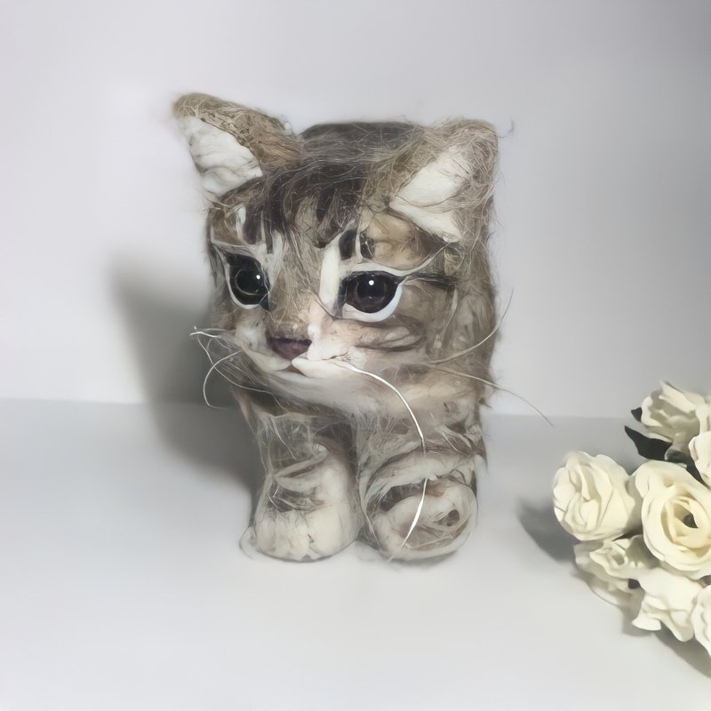 Wool felted  brown tabby kitten - ตุ๊กตา - ขนแกะ 