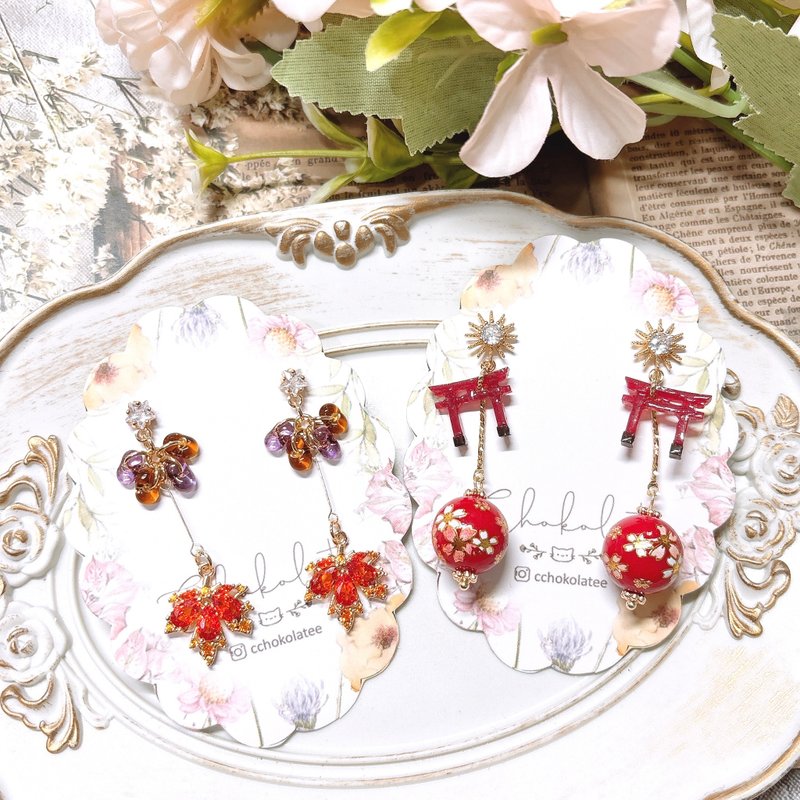 Japanese style earrings 925/14KGP earrings - Earrings & Clip-ons - Resin Red