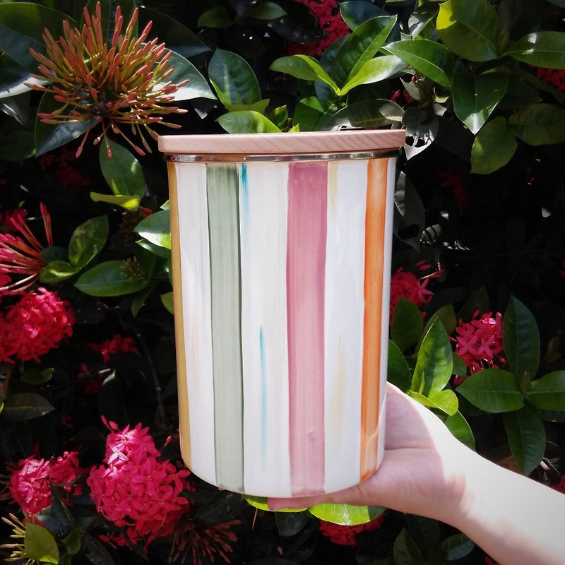 Colorful Striped Painted Enamel Airtight Storage Jar | Wooden Lid Without Handle with Handmade Gift Wrap