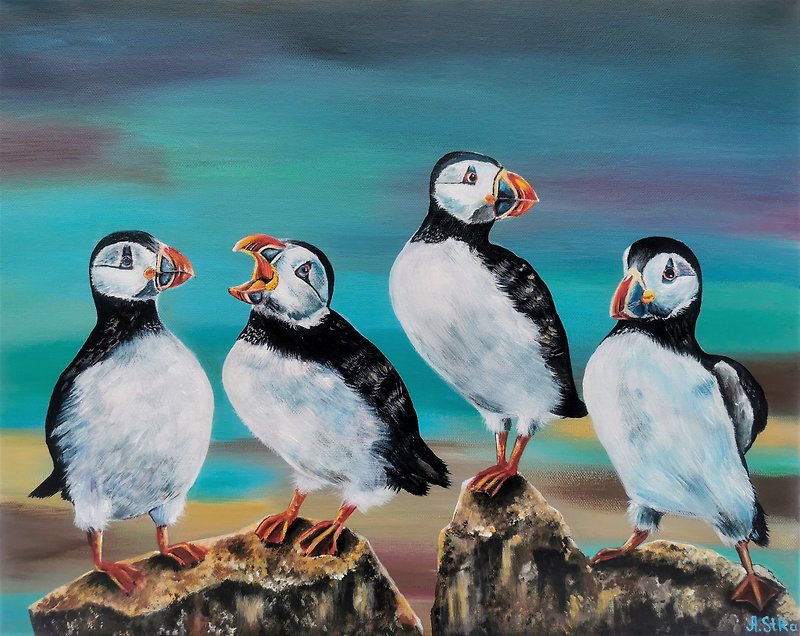 Puffin painting on canvas, Bird art acrylic painting, Bird wall art - Wall Décor - Other Materials Multicolor