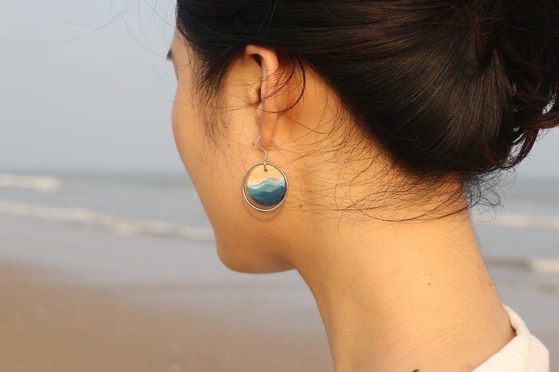 藍色海洋圓形陶瓷耳環耳夾純銀 - 耳環/耳夾 - 陶 藍色