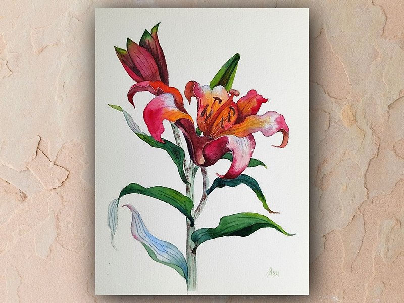 Red lily painting original watercolor art floral artwork flower 7.5 by 10,5 - Posters - Paper Red