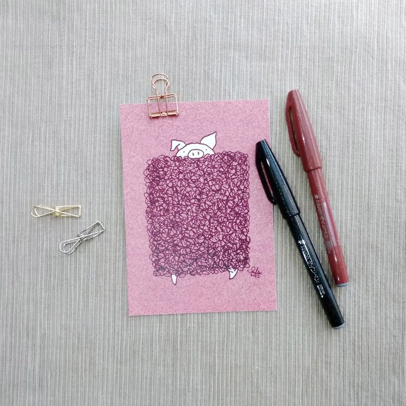 カイグアブ動物園・子豚の手描きイラストポストカード・クリエイティブ＆クリエイティブカード - カード・はがき - 紙 ピンク