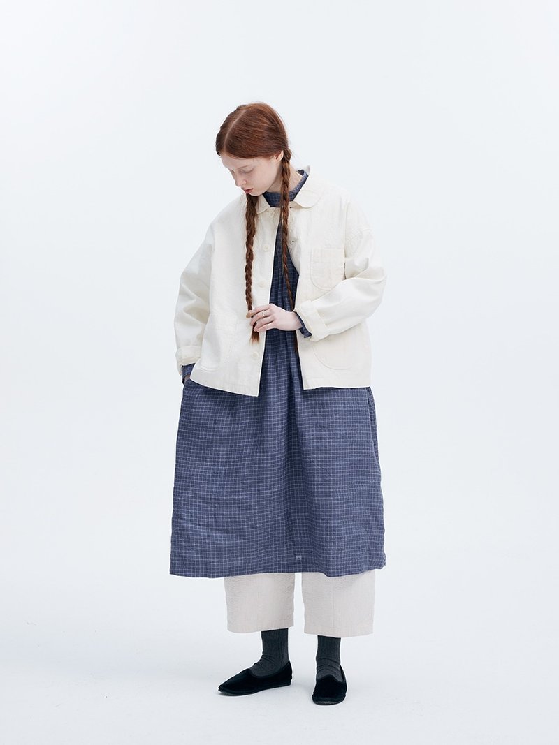 Creamy white cotton hollow strip washed paper small round neck casual short coat - เสื้อแจ็คเก็ต - ผ้าฝ้าย/ผ้าลินิน ขาว