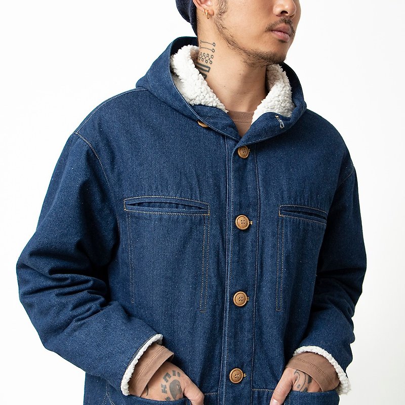 棉．麻 男夾克/外套 - 日系做舊牛仔復古連帽羔羊絨多口袋工裝大衣外套