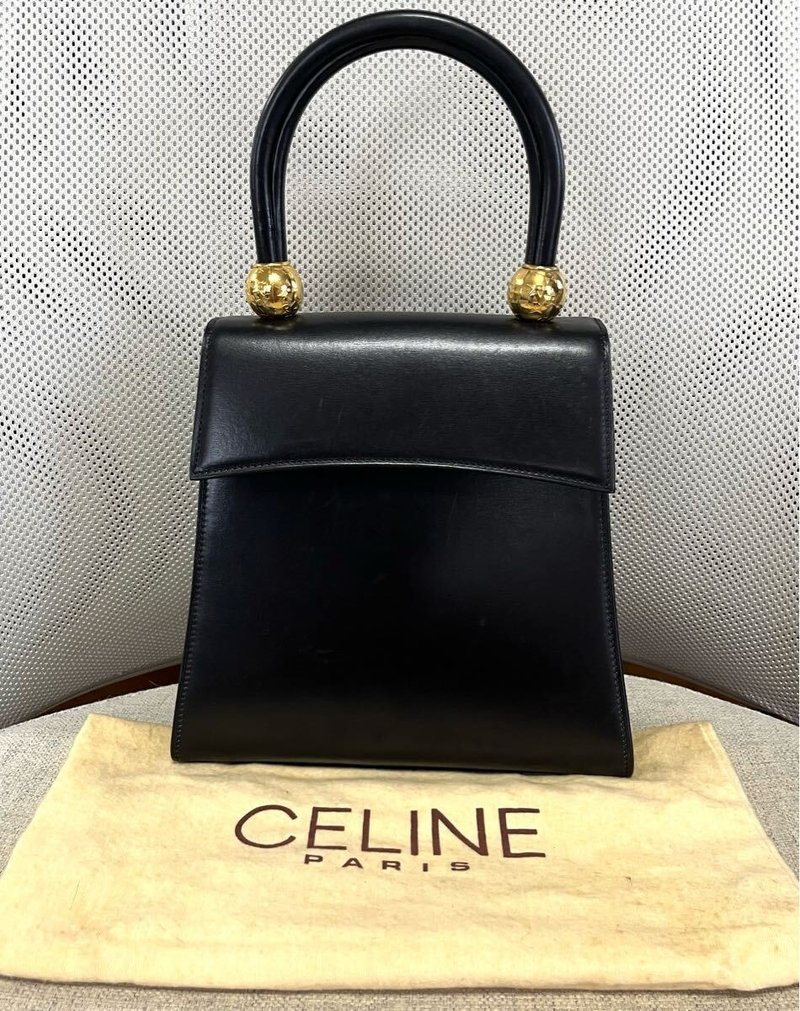 【LA LUNE】Rare Pre-owned Celine Double Gold Planet Black Leather Kelly Bag Tote - กระเป๋าถือ - หนังแท้ สีดำ