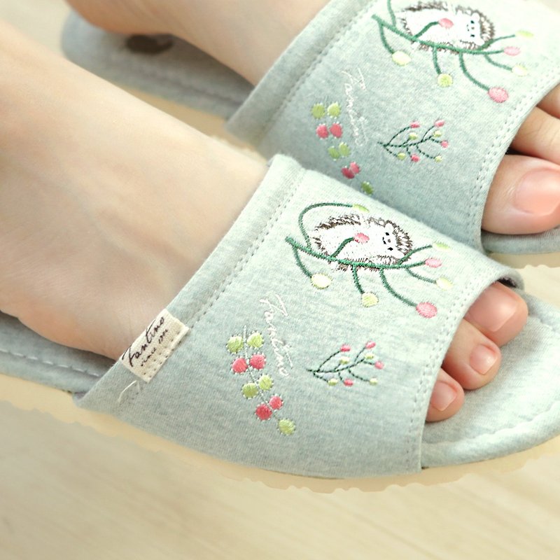 Organic Cotton Color Embroidered Indoor Slippers (Color Dandelion) Twist Green / Valentine's Day Gift - รองเท้าแตะในบ้าน - ผ้าฝ้าย/ผ้าลินิน สีเขียว