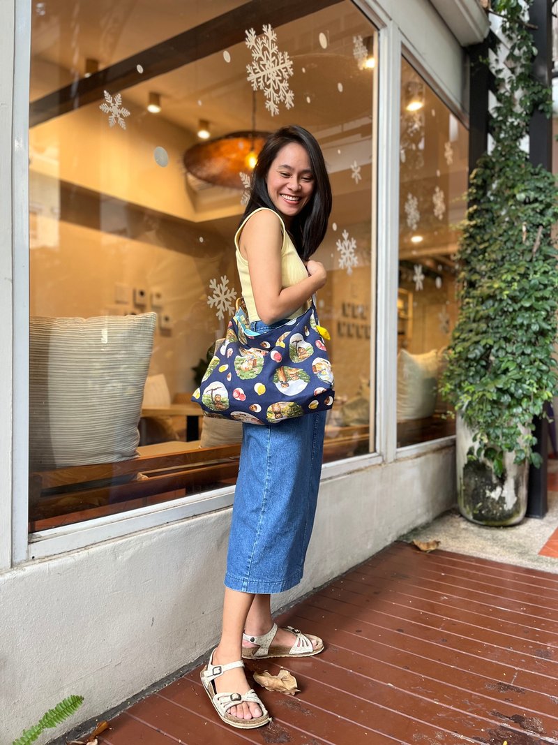 藍色日本貓印花雙麵包和可調式肩帶 - 側背包/斜背包 - 棉．麻 綠色