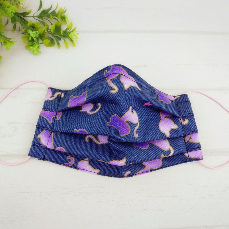 丹寧風貓咪。有壓條內開口棉質布口罩 - 口罩/口罩收納套 - 棉．麻 藍色