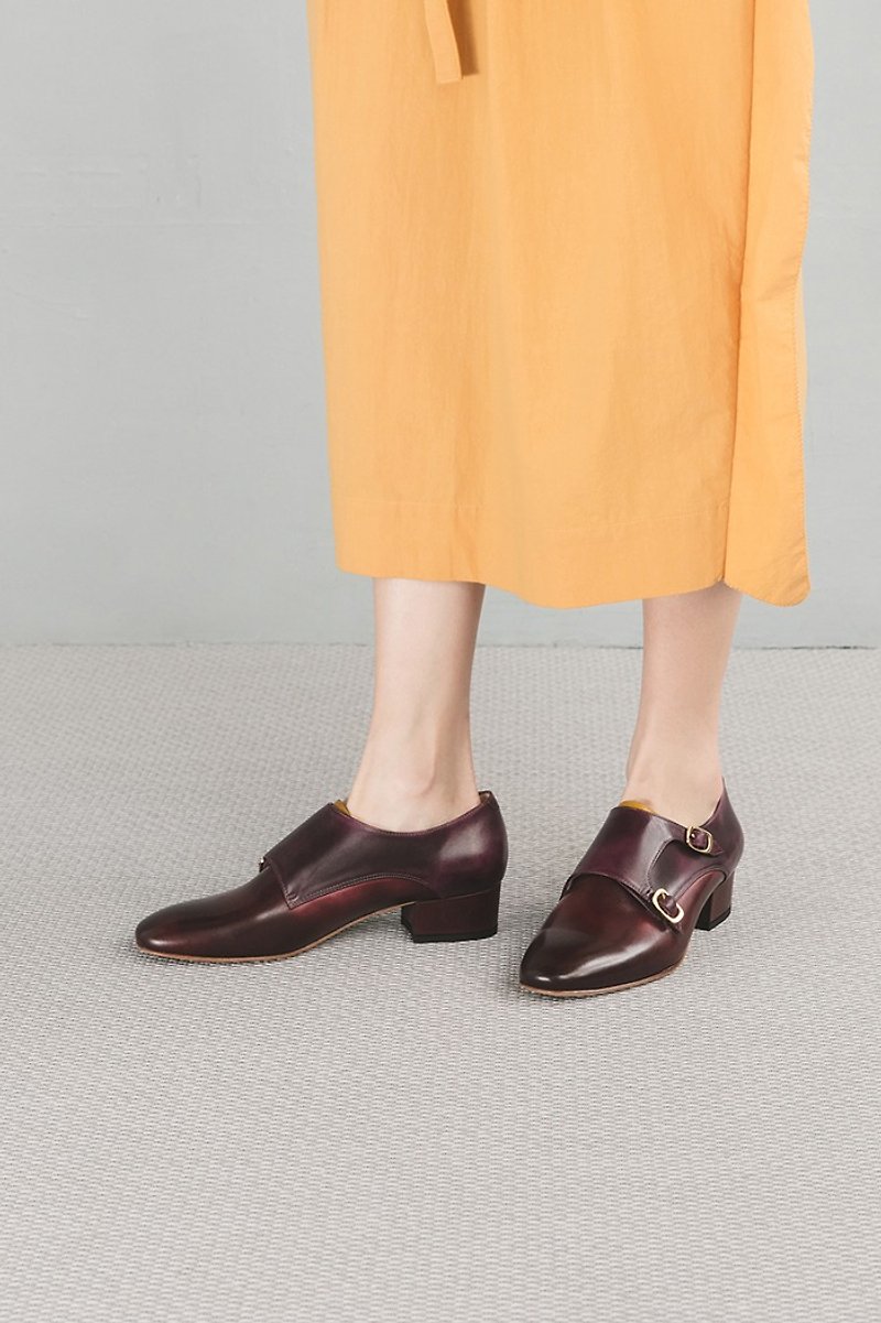 3.4 Monk Heels - Claret - Women's Leather Shoes - Genuine Leather Red