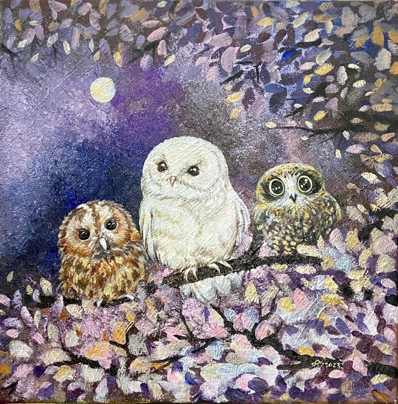 ふくろうOwl/ Acrylic hand-painted illustration/Canvas frame 30 x 30 x 1.5 cm - โปสเตอร์ - ผ้าฝ้าย/ผ้าลินิน สีม่วง