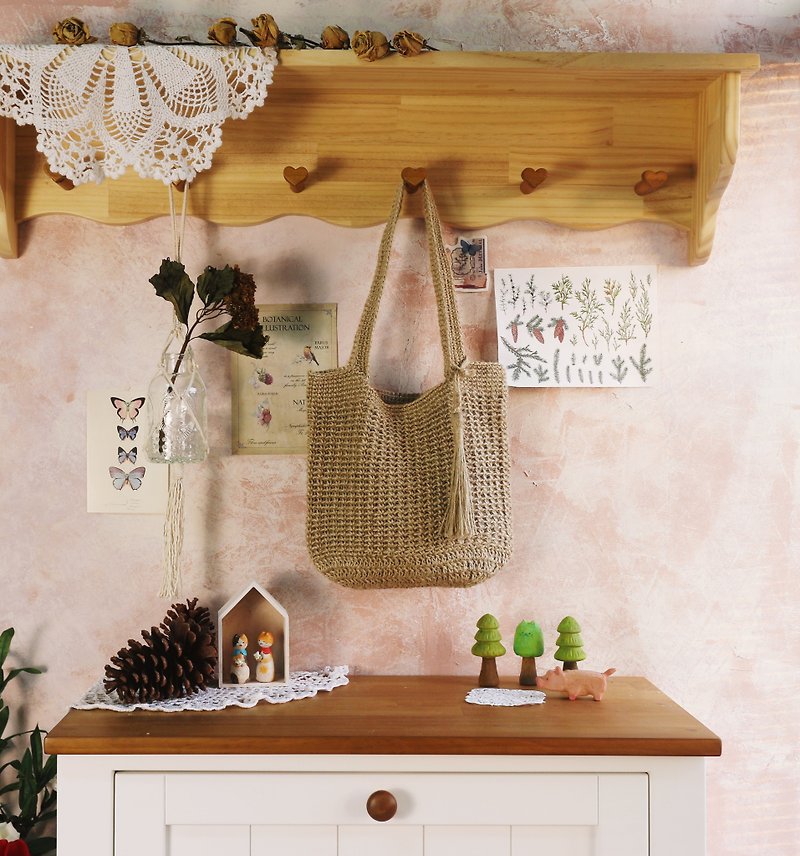 [Ready stock] Handmade handwoven/jute Linen woven bag/shopping bag/handbag/ Linen bag - กระเป๋าถือ - ผ้าฝ้าย/ผ้าลินิน สีกากี