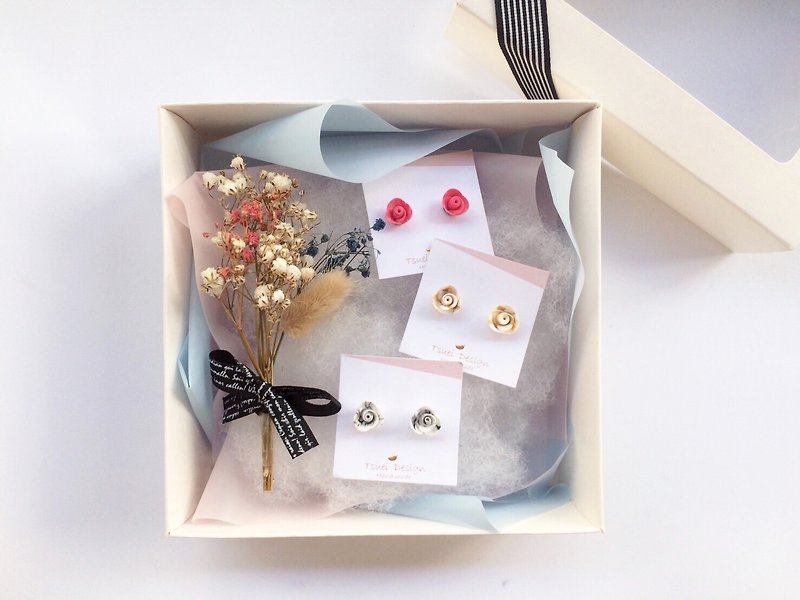 Flower gift box lucky bag optional handmade earrings three full 20% off - Earrings & Clip-ons - Other Metals White