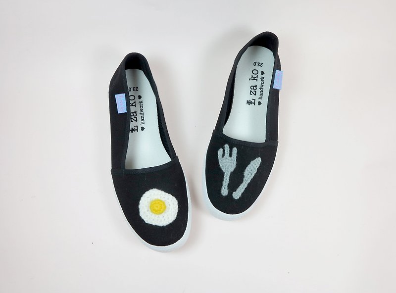 Black cotton canvas hand-made shoes poached knife and fork models without weaving - Women's Casual Shoes - Cotton & Hemp 