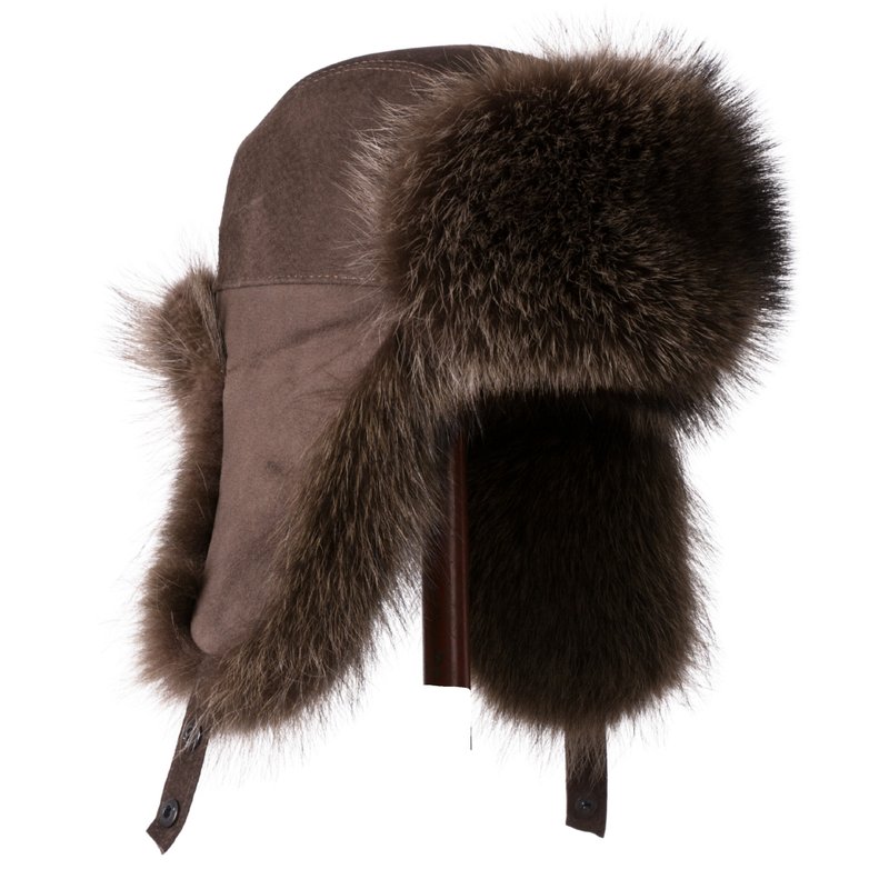 Ushanka Fur Hat Raccoon Fur Hat Real Fur Hat Color Reddish-brown (Brown suede) - 帽子 - 羊毛 咖啡色