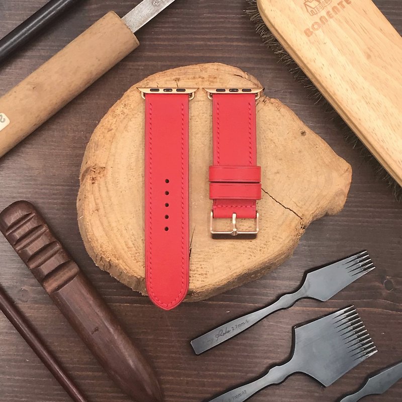 【AppleWatch錶帶】紅色磨砂牛皮/法國防汗皮/意大利皮革 - 錶帶 - 真皮 紅色