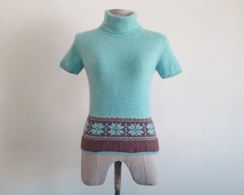 XXS XS Vintage Blue Green Turtleneck Wool Sweater Womens Short Sleeve Knit Top - 女毛衣/針織衫 - 其他材質 藍色