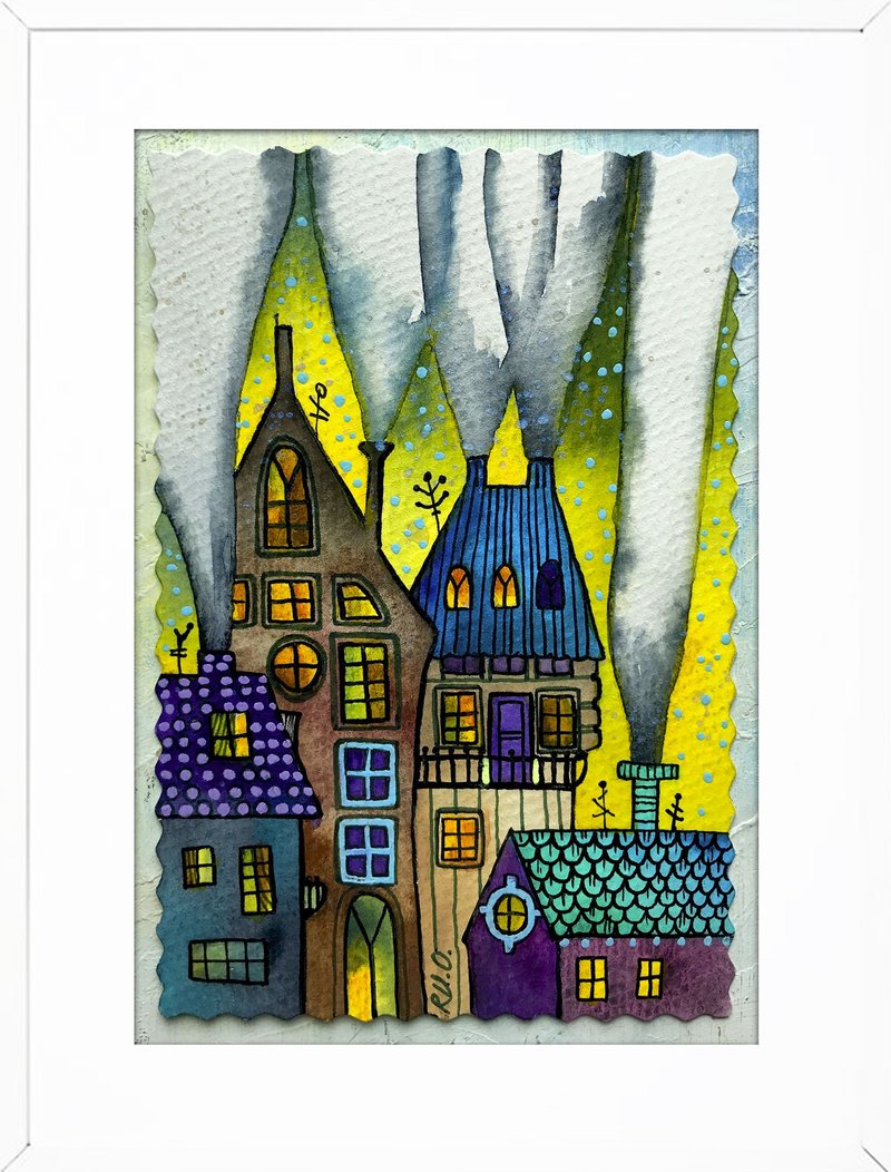 Painting of houses Yellow Original watercolor card Mini artwork Miniature art - โปสเตอร์ - กระดาษ สีเหลือง