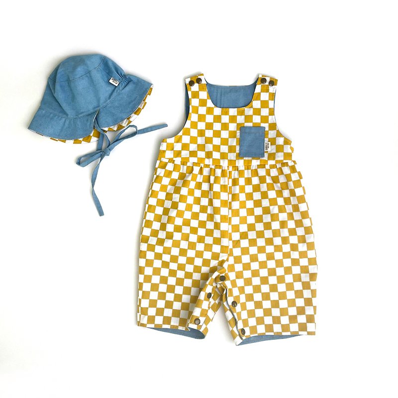[Turmeric] Take the rotating escalator | Double-sided denim checkerboard classic sleeveless onesies set - Baby Gift Sets - Cotton & Hemp Yellow