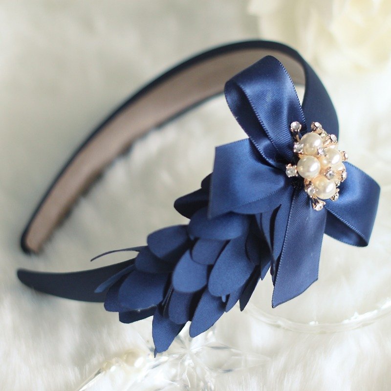 優美絲帶珍珠花飾頭箍 - 髮飾 - 絲．絹 藍色