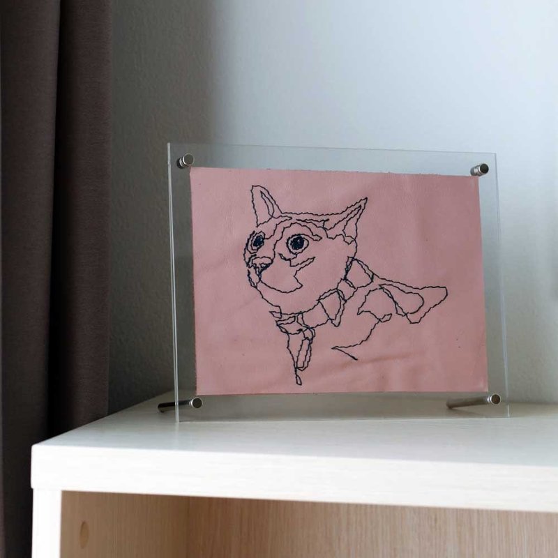 Custom Embroidered Cat Portrait on Leather with Message gift card | Pet Memorial - 似顏繪/客製畫 - 真皮 粉紅色