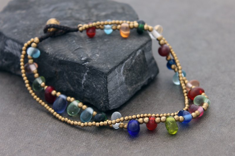 Candy Colorful Glass Beads Beaded Anklets Multi Strand Rainbow Woven Hemp - กำไลข้อเท้า - อะคริลิค หลากหลายสี