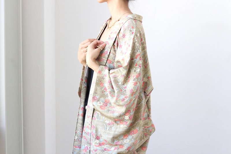 Japanese floral kimono, EXCELLENT VINTAGE /4238 - เสื้อแจ็คเก็ต - เส้นใยสังเคราะห์ สีเขียว