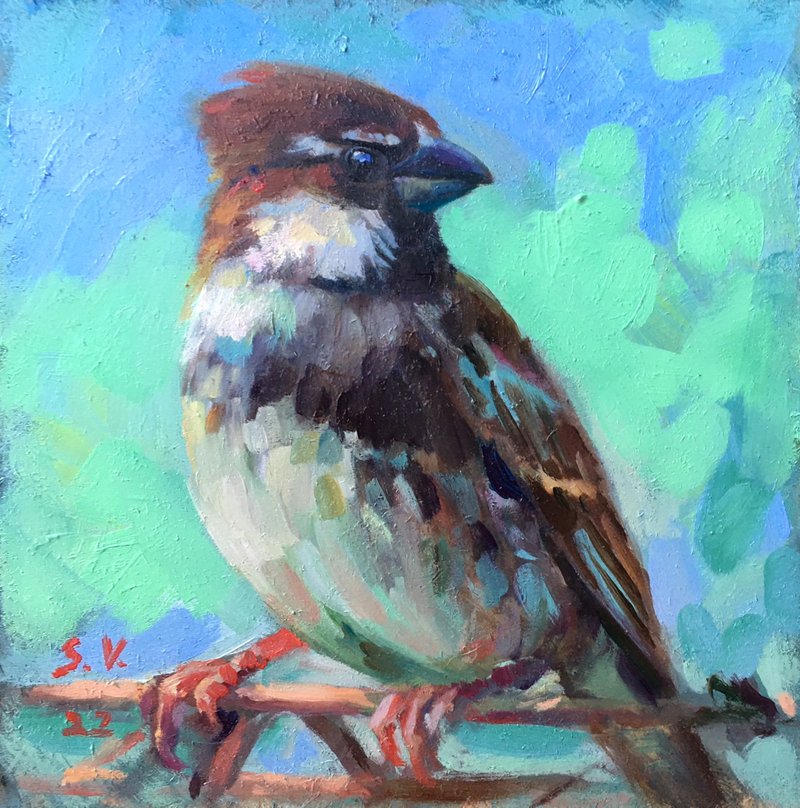 Framed Bird painting Small Frame Art Miniature Oil Birds - 壁貼/牆壁裝飾 - 其他材質 綠色