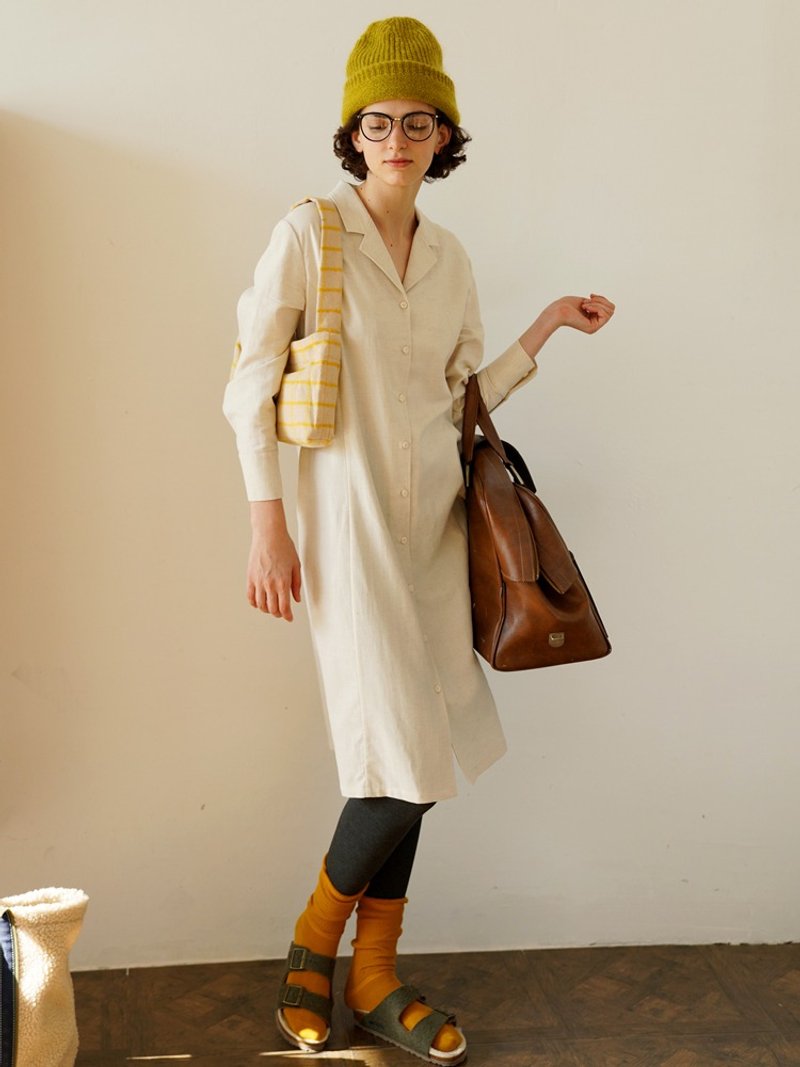 ECRU SOLI cotton and linen beige suit collar loose dress - ชุดเดรส - ผ้าฝ้าย/ผ้าลินิน ขาว