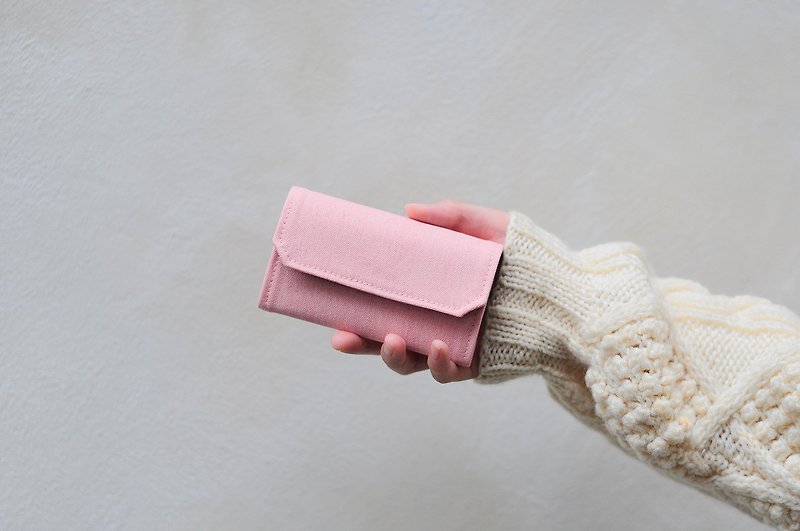 桃子牛奶 粉紅色帆布 可水洗紙 零錢包/卡夾 環保輕量短銀包 - 零錢包/小錢包 - 棉．麻 粉紅色