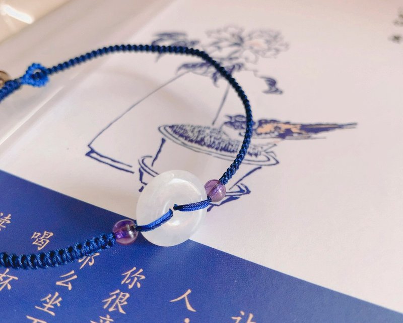 售完欣賞 慢煮生活。翡翠平安扣編織紫水晶手繩 復古文藝納福手鏈 - 手鍊/手環 - 玉石 藍色