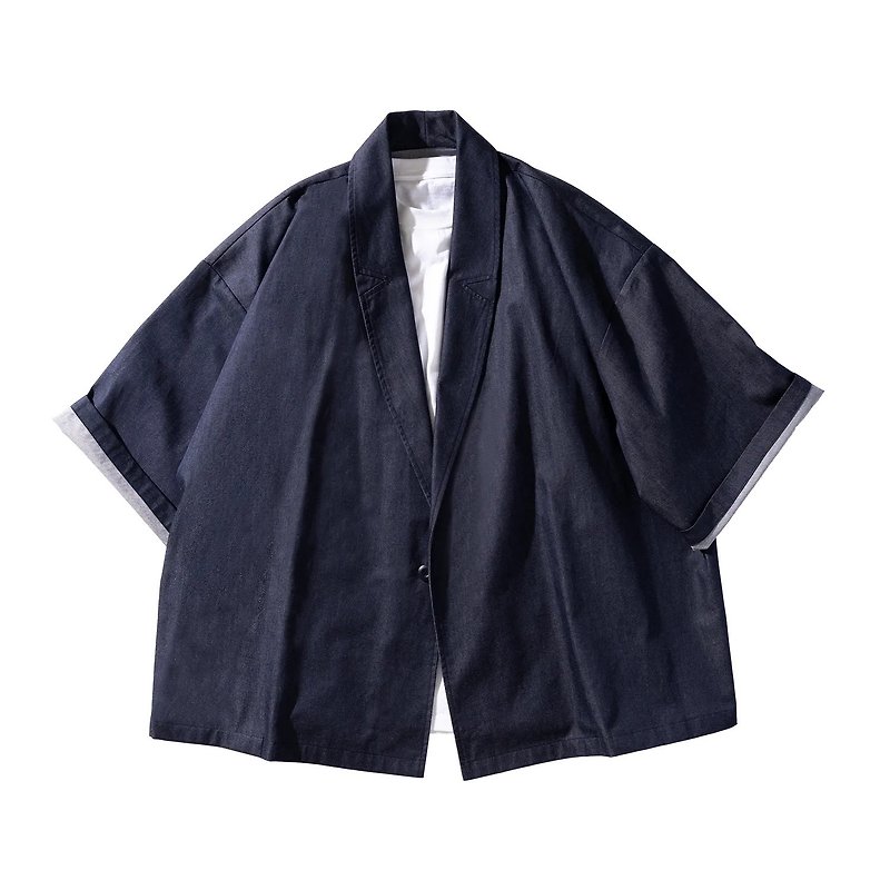 S-CrestTaiwan | Japanese-Style Handmade Kimono Jacket: Dark Blue - เสื้อโค้ทผู้ชาย - ผ้าฝ้าย/ผ้าลินิน 